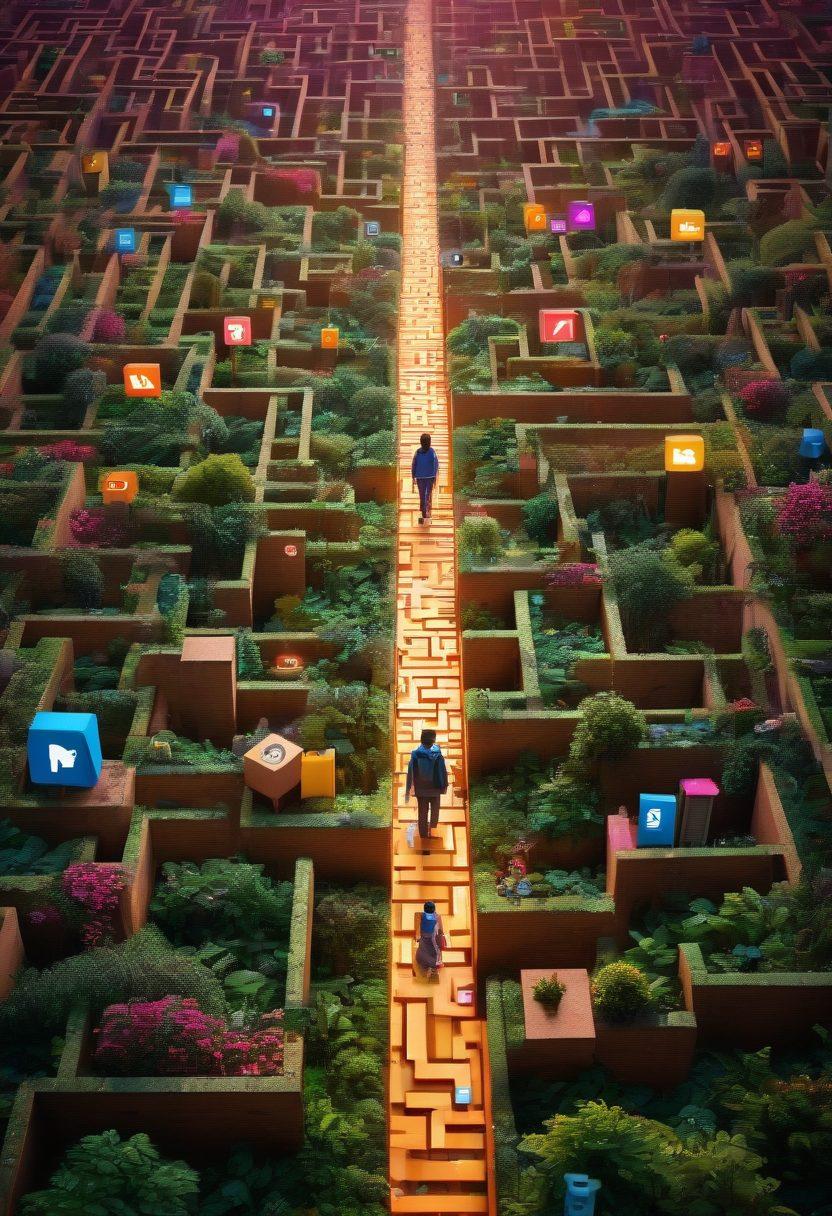 A bustling digital landscape filled with vibrant social media icons and symbols representing youth culture, interspersed with diverse young individuals exploring their identities. A maze-like structure made of pixelated paths invites curiosity and exploration, embodying the complexities of online interaction. Bright colors and dynamic lighting enhance the sense of energy and connectivity. super-realistic. vibrant colors. 3D.