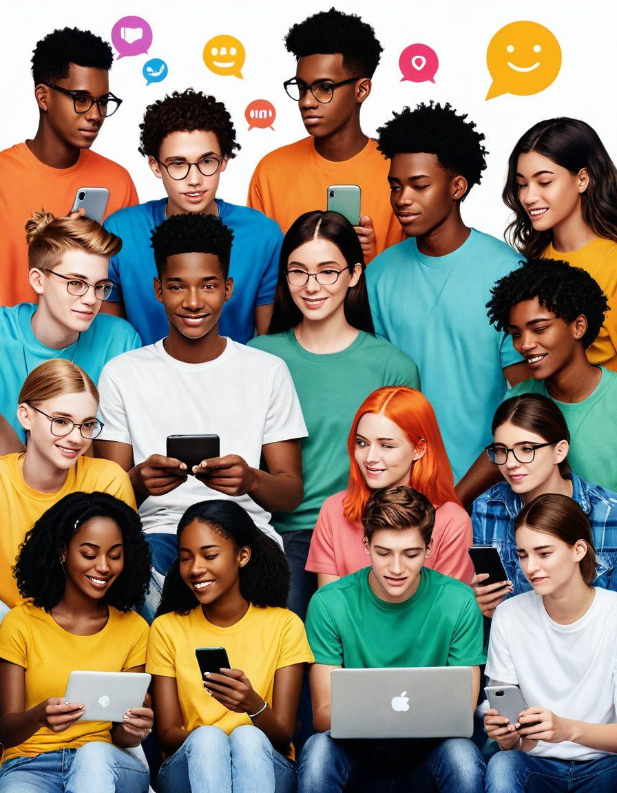 A vibrant scene illustrating a group of diverse teenagers communicating through various digital devices, like smartphones and laptops, while also engaging face-to-face. The background features digital symbols and icons representing social media and communication, creating a lively contrast between virtual and real interactions. Volume levels of sound waves and emojis float in the air to enhance the dynamic feel. super-realistic. vibrant colors. white background.