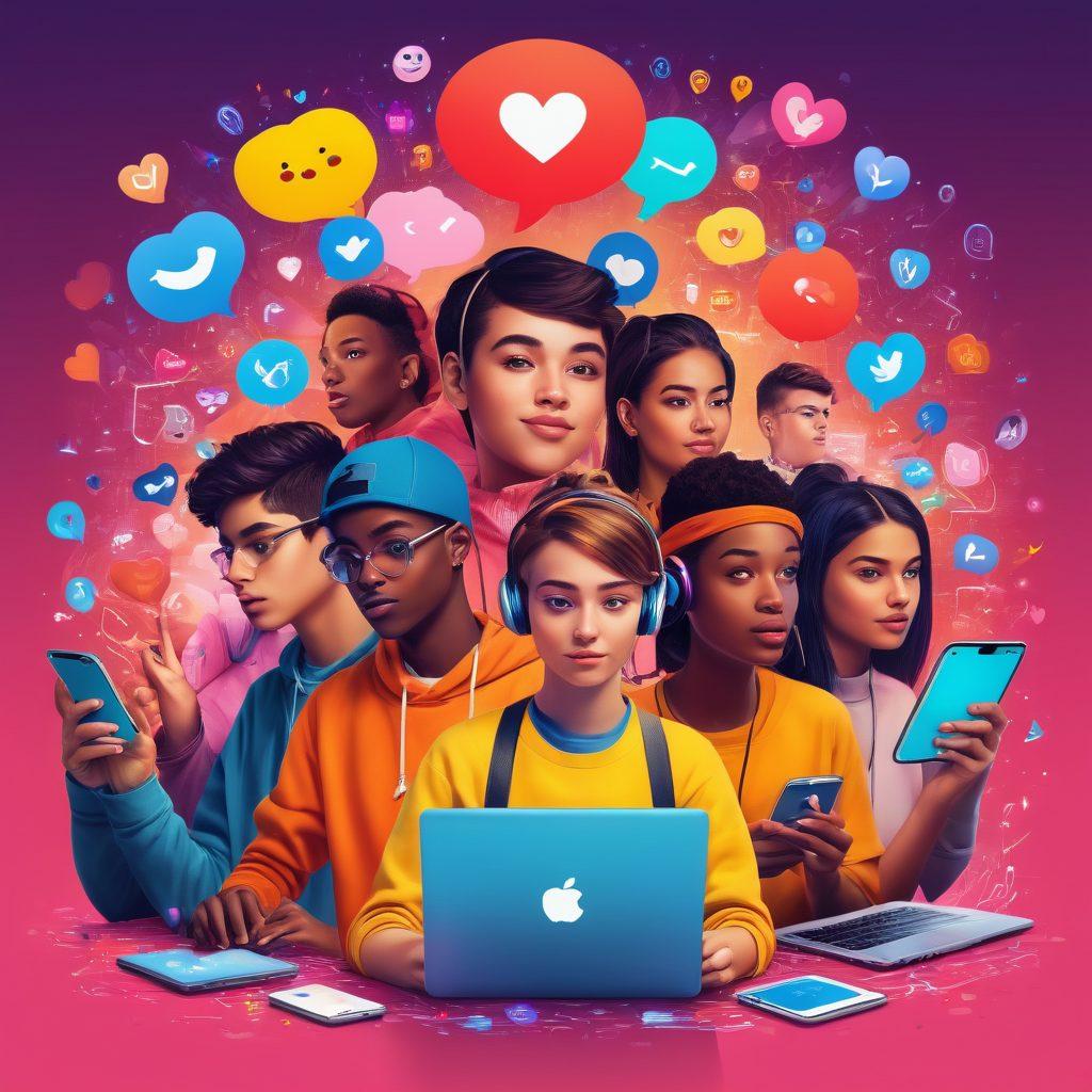 A dynamic scene depicting a diverse group of teenagers engaged in various online activities, such as gaming and social media, surrounded by vibrant icons representing trends and peer influences. The background shows a split design: one side reflecting a chaotic digital world, the other a warm, welcoming community vibe symbolizing support and self-expression. Incorporate elements like smartphones, laptops, and social media notifications. colorful illustration. high contrast. playful style.